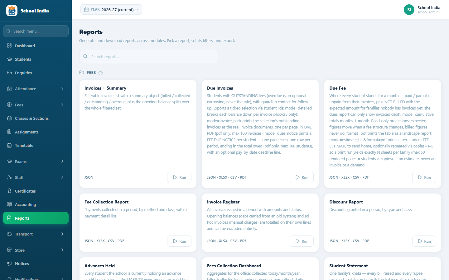 InstiLog reports library listing fee reports such as invoices summary, due invoices, due fee, fee collection, invoice register and discount report, with export formats