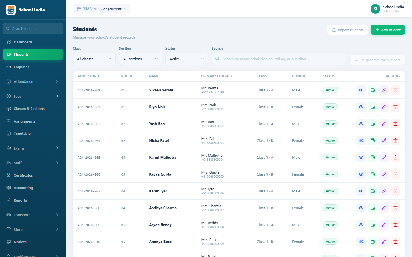 InstiLog student list with class, section and status filters, admission numbers, guardian contacts and quick actions